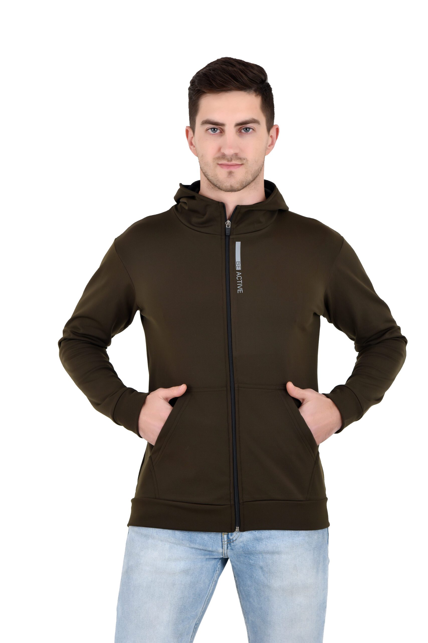 Men Hood Collar Active Wear Jacket OLIVE