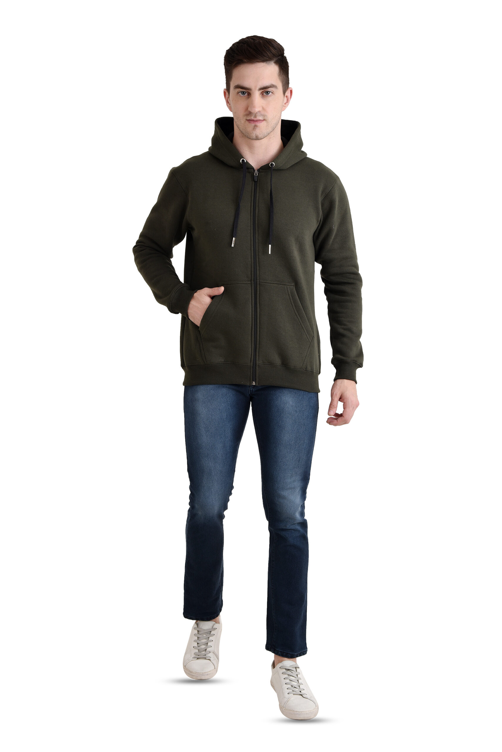 Men Basic Full Zipper Hoody OLIVE - Image 2