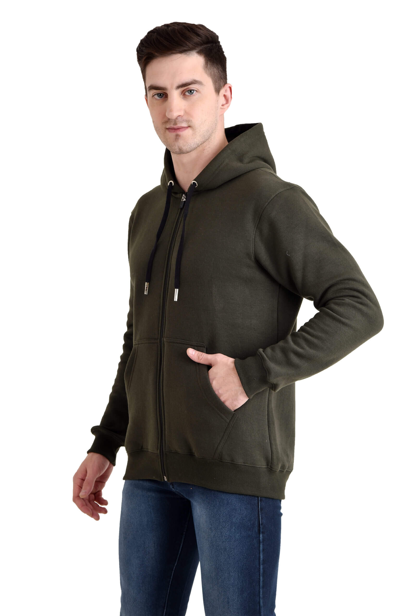 Men Basic Full Zipper Hoody OLIVE - Image 3