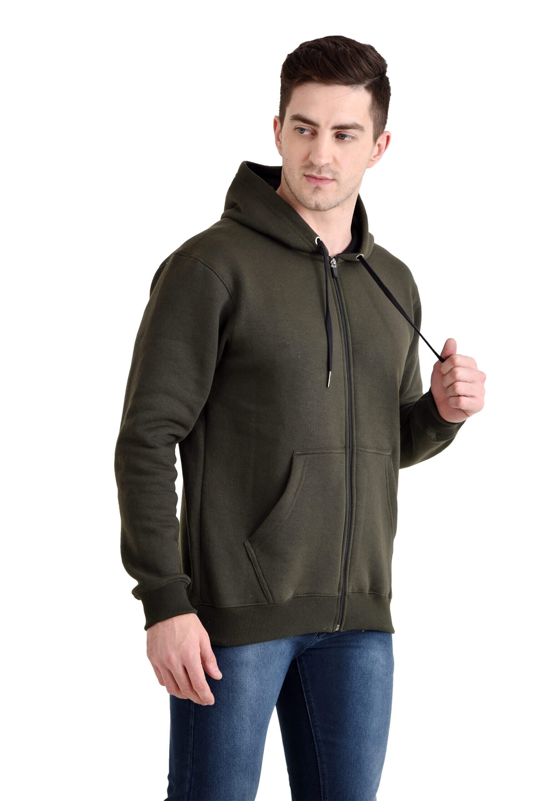 Men Basic Full Zipper Hoody OLIVE - Image 4