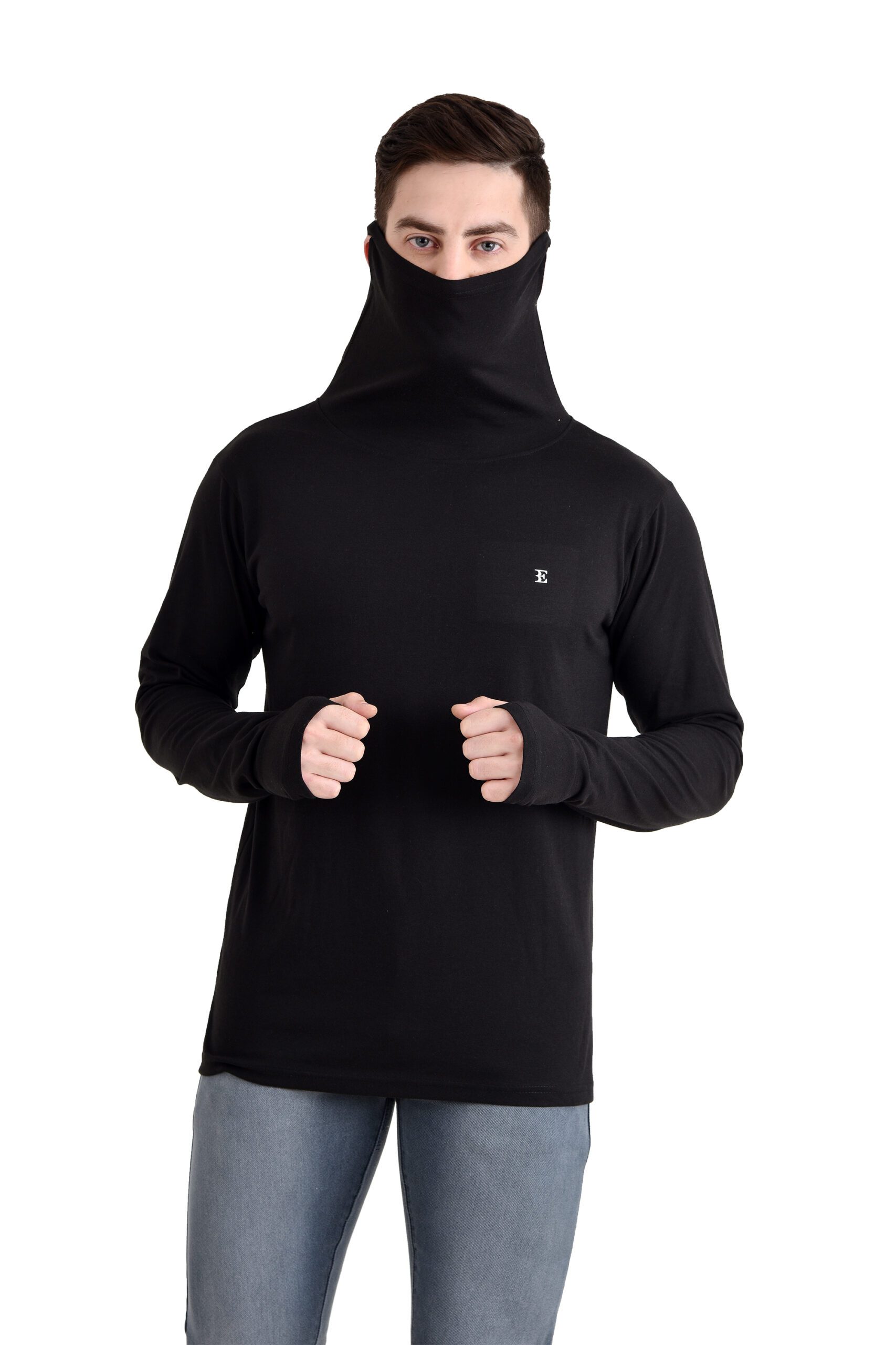 Men Owl Neck Tshirt With Face Cover Black