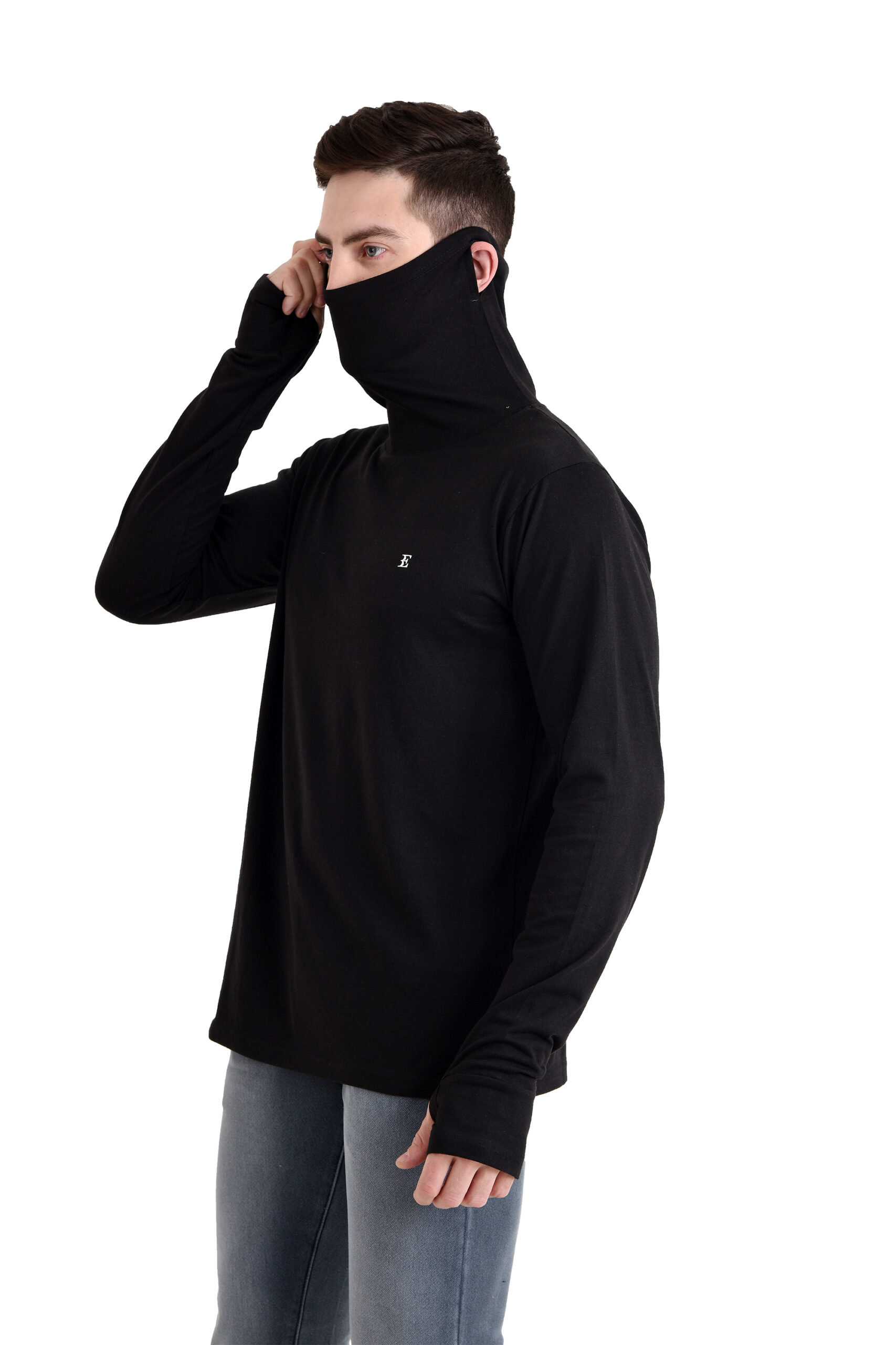 Men Owl Neck Tshirt With Face Cover Black - Image 8