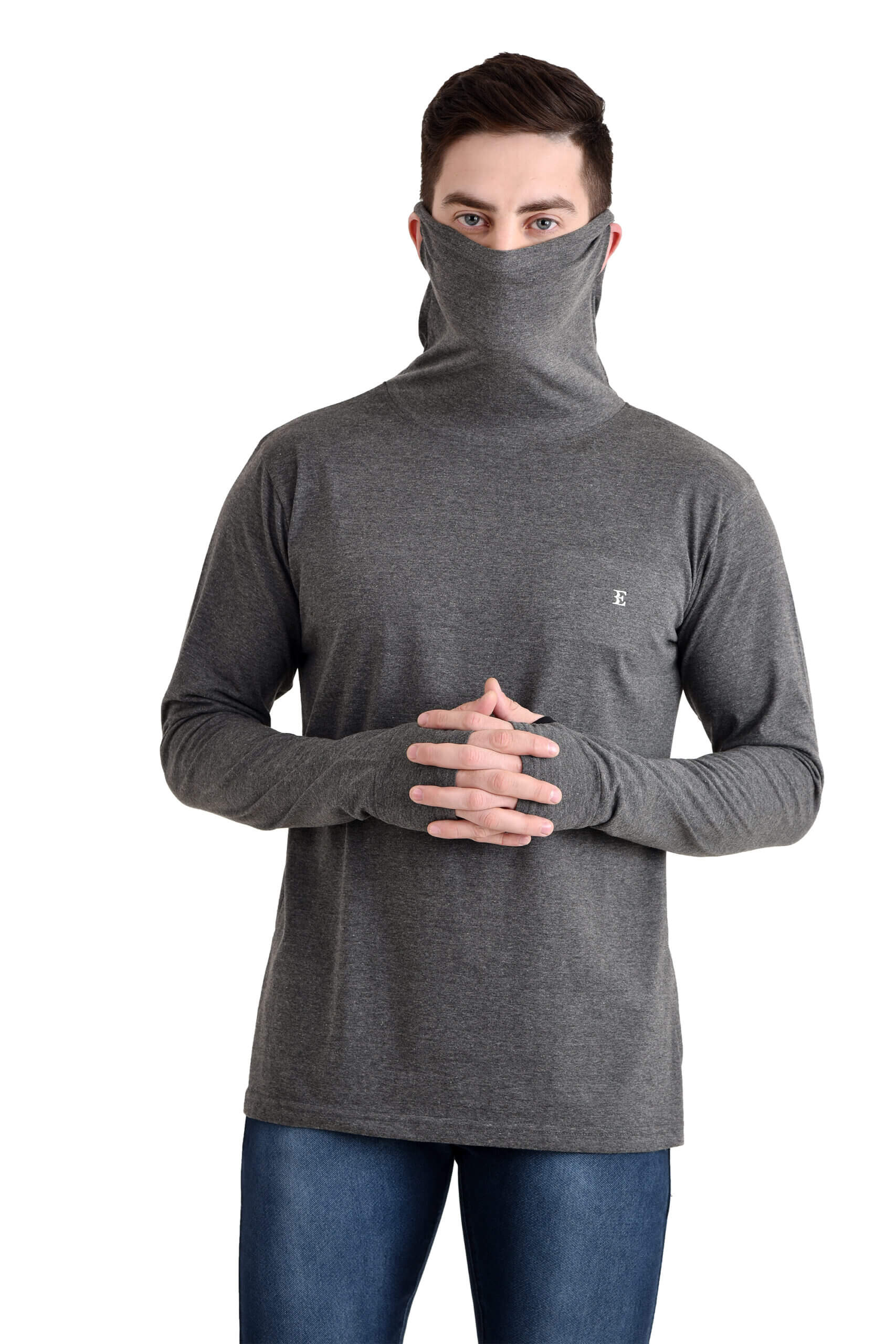 Men Owl Neck Tshirt With Face Cover Charcoal Grey