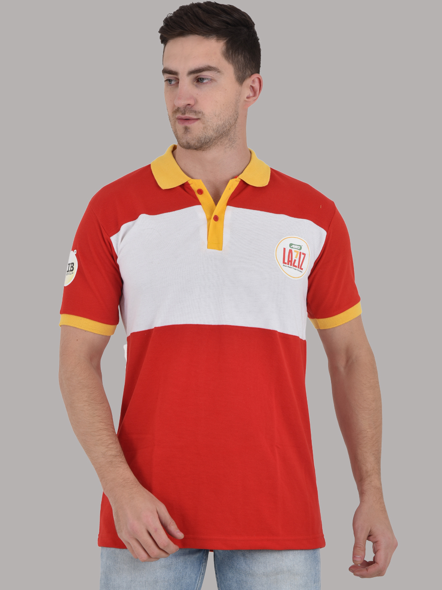 Short sleeves Red Colour-blocked Polo made in Cotton Rich Pique fabric with soft hand feel, Branding done by digital transfer printing at front, back and sleeve to increase the brand visibility. Contrast ribbed collar and cuff. Wear this smart corporate uniform t-shirt to enhance the brand visibility. Available in others colour too.